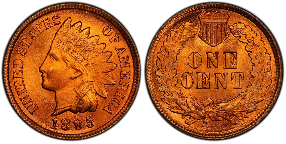 Side-by-side comparison of 1895 Indian Head penny normal date versus Repunched Date RPD Snow-1 FS-301 showing doubling on digits 8, 9, and 5