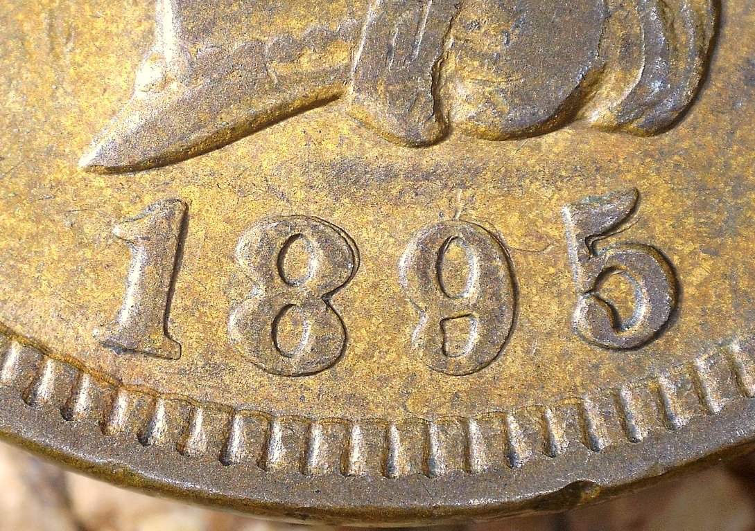 1895 Indian Head penny RPD Snow-1 FS-301 showing repunched date with secondary impressions on digits 8 9 and 5